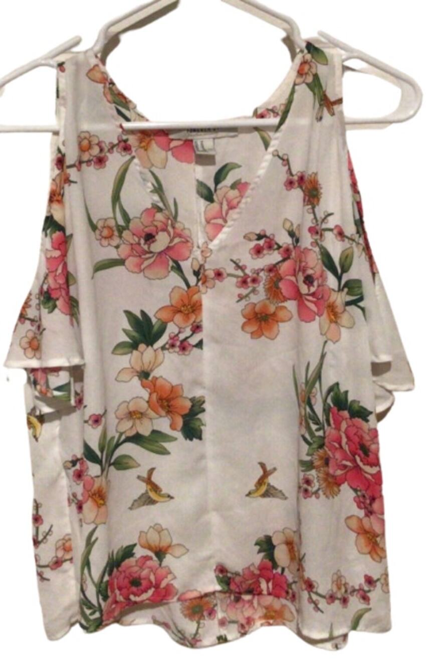 Forever 21 Womens Floral Open Shoulder Semi Sheer Pullover Top Size Medium